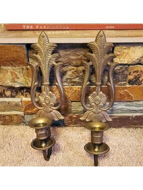 Vintage brass candle wall sconces with fleur de lis design set of 2